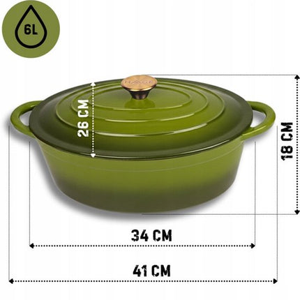 Hage - Gietijzeren Braadpan - Braadpan - Cast Iron Casserole met Deksel - Geëmailleerd - Geschikt voor Inductie & Oven - 6 Liter - 34 x 26 x 18 cm - Olijfgroen
