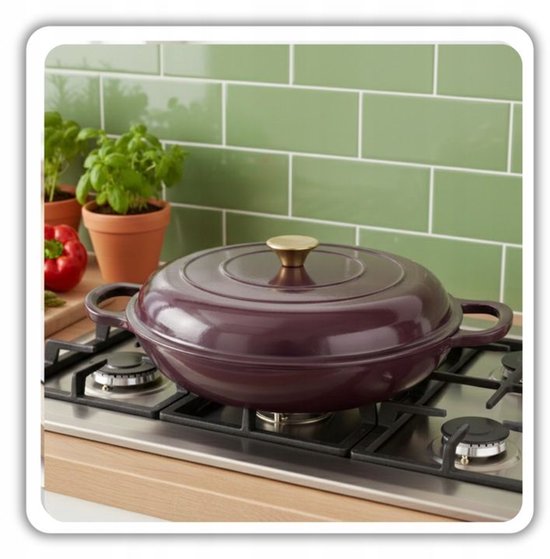 Hage - Bräter - Niedriger gusseiserner Bräter mit Deckel - Emailliert - Ofen- & Induktionsgeeignet - Zum Braten, Schmoren und für Aufläufe - 3 Liter - 40,5 x 30 x 10,5 cm - Aubergineviolett