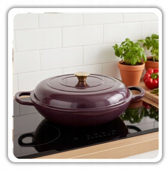 Hage - Bräter - Niedriger gusseiserner Bräter mit Deckel - Emailliert - Ofen- & Induktionsgeeignet - Zum Braten, Schmoren und für Aufläufe - 3 Liter - 40,5 x 30 x 10,5 cm - Aubergineviolett