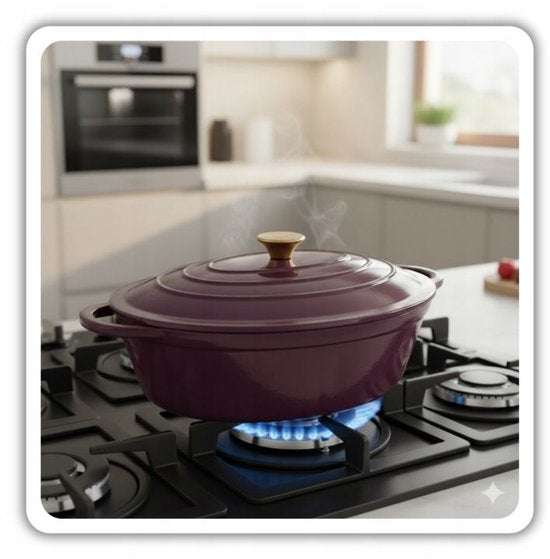 Hage - Braadpan - Geëmailleerde Gietijzeren Braadpan met Deksel - Oven & Inductie Geschikt - Voor Braden, Stoven en Ovenschotels - 6 Liters - 34 x 26 x 18 cm - Paars