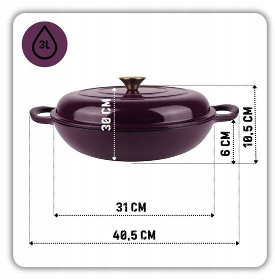 Hage - Bräter - Niedriger gusseiserner Bräter mit Deckel - Emailliert - Ofen- & Induktionsgeeignet - Zum Braten, Schmoren und für Aufläufe - 3 Liter - 40,5 x 30 x 10,5 cm - Aubergineviolett