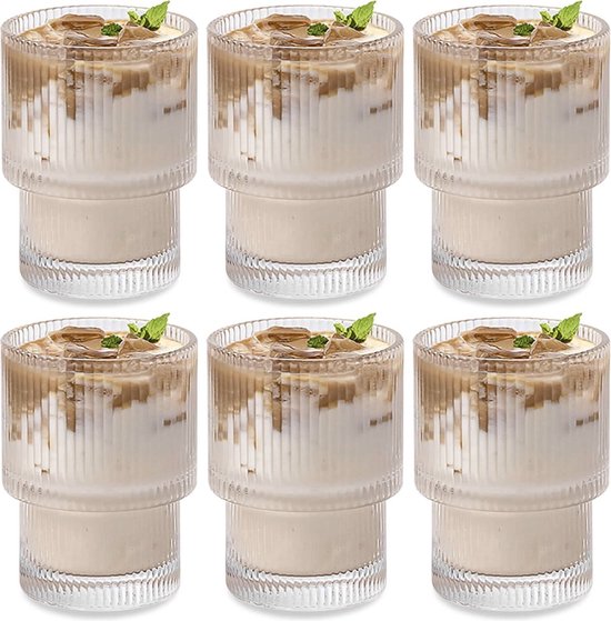 Glozini Waterglazen - 12 Stuks - Ribble Glas - 200ml - Geribbelde Glas - Stapelbaar - Waterglas - Water glazen - Cappucino, koude en warme dranken glazen