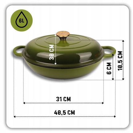 Hage - Braadpan - Lage Gietijzeren Braadpan met Deksel - Geëmailleerd - Oven & Inductie Geschikt - Voor Braden, Stoven en Ovenschotels - 3 Liters - 40.5 x 30 x 10.5 cm - Olijfgroen