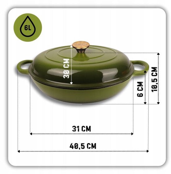 Hage - Braadpan - Lage Gietijzeren Braadpan met Deksel - Geëmailleerd - Oven & Inductie Geschikt - Voor Braden, Stoven en Ovenschotels - 3 Liters - 40.5 x 30 x 10.5 cm - Olijfgroen