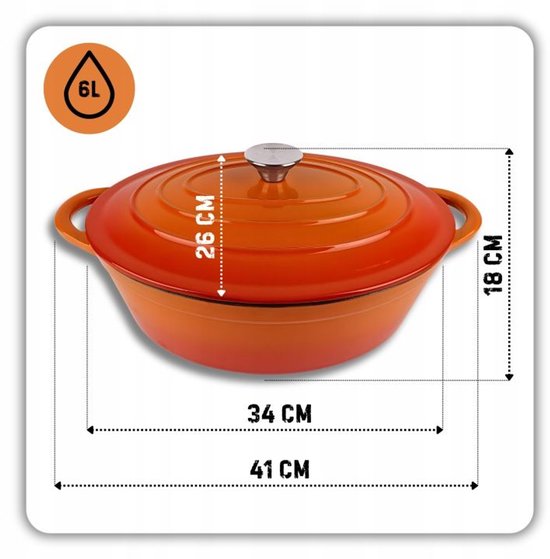 Hage - Bräter - Emaillierter gusseiserner Bräter mit Deckel - Ofen- & Induktionsgeeignet - Zum Braten, Schmoren und für Aufläufe - 6 Liter - 34 x 26 x 18 cm - Orange