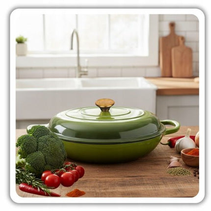 Hage - Braadpan - Lage Gietijzeren Braadpan met Deksel - Geëmailleerd - Oven & Inductie Geschikt - Voor Braden, Stoven en Ovenschotels - 3 Liters - 40.5 x 30 x 10.5 cm - Olijfgroen