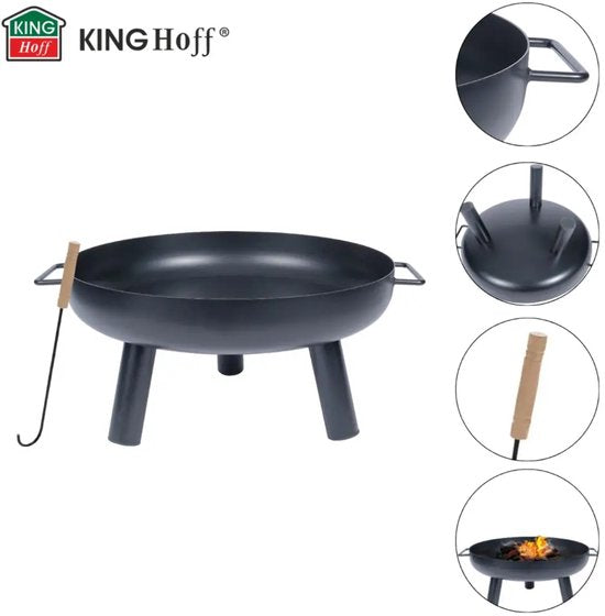 KINGHoff - Vuurkorf - Camping BBQ Vuurkorf - Tuinhaard Buiten Houtskool - Vuurplaats Tuin - Bonfire Fire Pit met Pook - Terras Haard - Metaal - Ø60.5 x 32 cm - Zwart