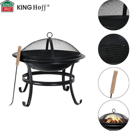 KINGHoff - Vuurkorf - Tuinhaard Buiten met Grill - Terras Vuurplaats met Vonkenscherm - Houtskool Vuurkorf Tuin - Inclusief Pook - Metaal - Ø54.5 x 53 cm - Zwart
