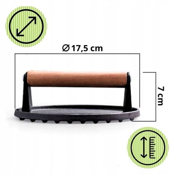Hage hamburgerpers van gietijzer – smash burger press, houten greep, Ø 17,5 cm – foto 4