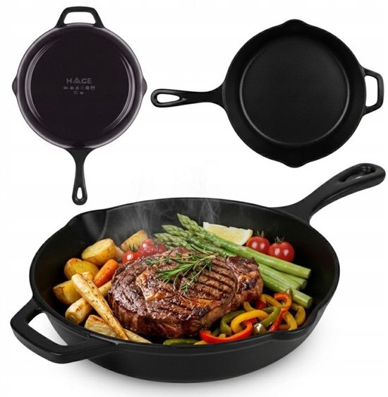 Hage - Gietijzeren Koekenpan - Geëmailleerde Bakpan - Inductie, Gas & Oven - Stevige Handgreep - Gelijkmatige Warmteverdeling - Duurzame Koekenpan voor Dagelijks Gebruik - Ø26cm - Matte Zwart