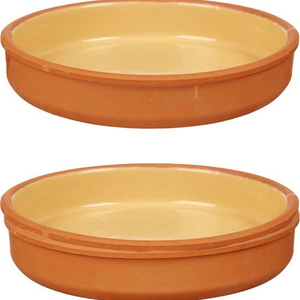 La Dehesa Tapas serveerschaal - 2x stuks - terracotta - geel - D23 x H4 cm - hapjes serveren - ovenschaal - rond