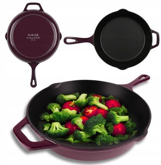 Hage - Gietijzeren Koekenpan - Geëmailleerde Bakpan met Hoge Rand - Inductie, Gas, Elektrisch & Ovenbestendig - Voor Bakken en Braden - Gelijkmatige Warmteverdeling - Ergonomisch Handvat - Ø26cm - Aubergine