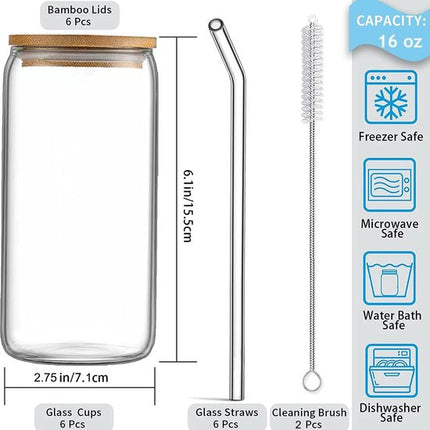 Drinkglazen met deksel en rietje, set van 6 500 ml iced coffee glas blikvorm, Bear Can cocktailglazen, blikvormige glazen bekers, beerglazen, ideal for water, cocktail, whisky, frisdrank, cadeau