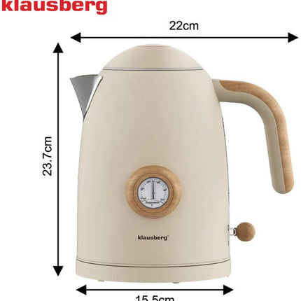 Klausberg - Waterkoker - Retro Waterkoker - Elektrische Waterkoker met Thermometer - Design Waterkoker met Houtkleur - Grote Waterkoker Keuken - Thee & Koffie Koker - 1.7L - RVS - 2200W - Beige