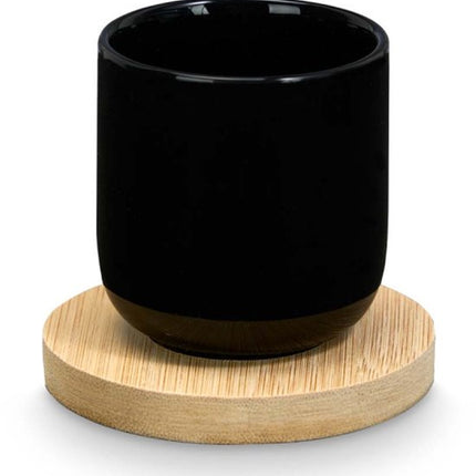 Zwarte keramische espresso kopjes set 4 – met bamboe onderzetters – koffieset 95 ml – Ø5,5 cm