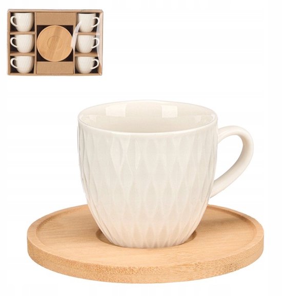 Koffieservies Set - Luxe Servies Set - Kop en Schotel Set - Koffiekopjes met Bamboe Schotels - Espresso Kopjes - voor 6 Personen - Porselein - 90ml - 6.3 x 5.5 x 8.5 cm - Crème
