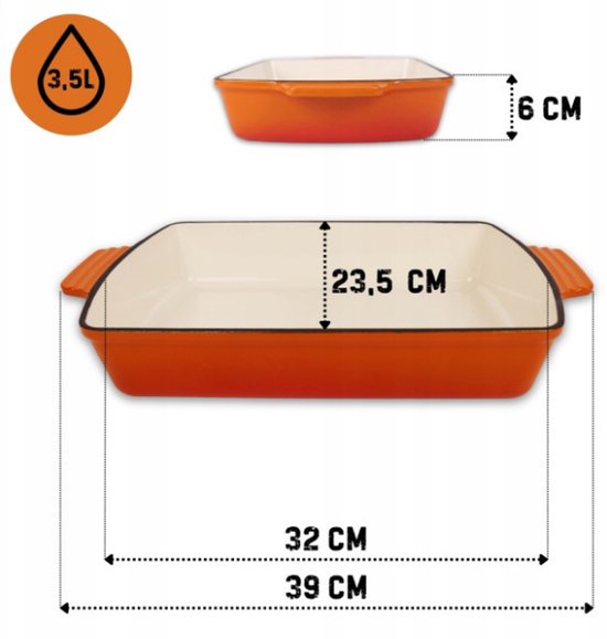 Hage - Gietijzeren Ovenschaal - Ovenschaal - Geëmailleerde Bakvorm - Voor Ovengerechten, Vlees, Taart en Ovenschotels - 3. 5 Liters - 32 x 23,5 x 6 cm - Oranje