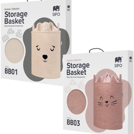 SIPO Speelgoedmand - Premium Bouclé-Editie - Opbergbak - Opbergmand - Met Drawstring Sluiting - Set van 2 - Beige Beer & Roze Kat Design - Voor Speelgoed - Kleding - Textiel - XL - 43 Liters - 35 x 35 x 45 cm - Beige & Roze