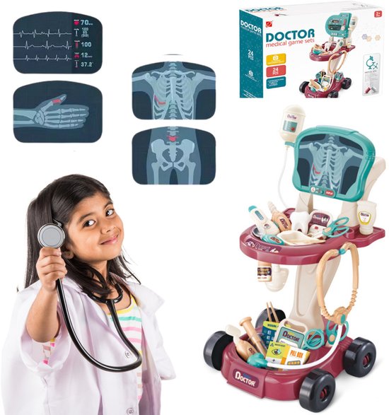 Dokters Speelset - Medische Trolley met EKG - Kinder Dokter Speelgoed - Stethoscoop - Thermometer & Accessoires - Rolstoel Speelset - Educatief & Leerzaam - voor 3+ jaar - 2 x AA-batterijen (niet inbegrepen) - Multicolor