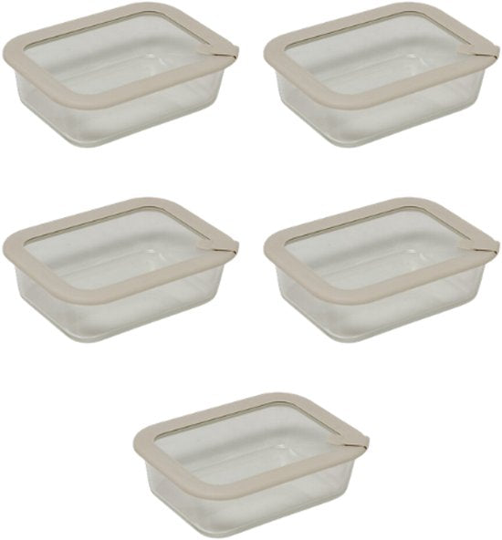 5-Delige - Vershoudbakjesset - Meal Prep Bakjes - Lunchbox - Rechthoekige Bewaardozen van Borosilicaatglas - Magnetron- & Vaatwasserbestendig - 950ml - 20.3 x 15.2 x 6.2 cm - Transparant met Grijs Deksel