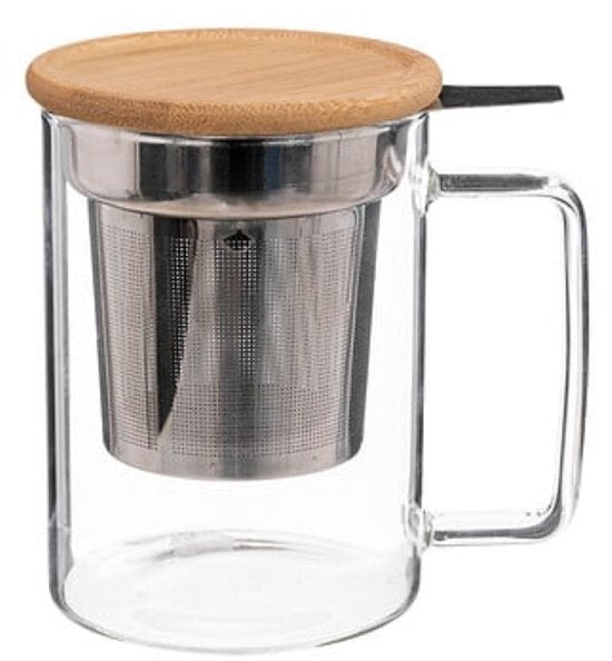 Mia Glazen Theemok met Filter - Theebeker met Deksel - Kruidenthee Mok met Theefilter - Dubbel Gebruik Theeglas - Magnetron & Vaatwasser Bestendig - ca. 11.5 x 8.2 x 11.7 cm - 480ml - Transparant