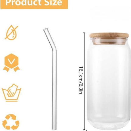 Drinkglas - Smoothie Glas - Ijskoffie Glas - Glas met Bamboe Deksel en Rietje - Herbruikbaar Drinkglas - 550ml - 16.1 x 7.7 cm - Transparant