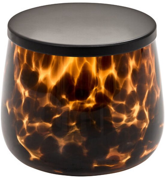 Wattenschijfjeshouder Dotty, bruin glas met deksel – luipaardprint, Ø 10,3 cm