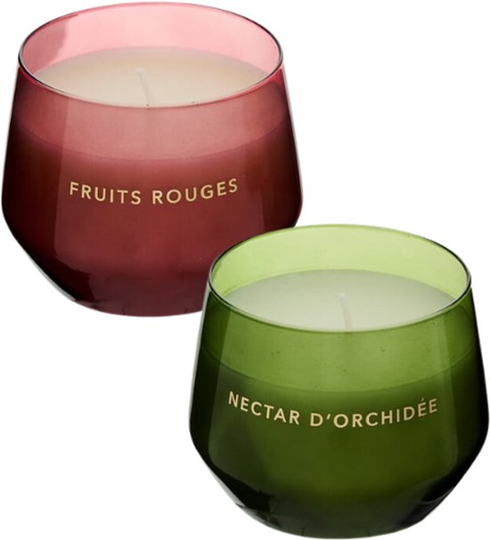 Geurkaars - Glowy Geurkaars in Glazen Pot - Orchid & Rode Vruchten - Scented Candle - Set van 2 - Luxe Sfeerverlichting - 40 Branduren - 300g - Ø10 x 7.8 cm - Groen / Rood