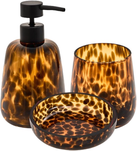 Badkameraccessoireset - Luxe Glazen Badkamer Set - Dotty 400ml Zeeppompje, 11cm Zeepbakje & 9cm Tandenborstelhouder - voor Toilet & Keuken - Bruin