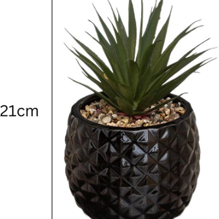 Kunst Ananas Plant in Pot - Set van 2 - Decoratieve Kamerplant - Kunstplant met Keramische Pot - Tafeldecoratie Woonkamer - Onderhoudsvrije Plant - Dolomiet - 13 x 13 x 21 cm - Zwart