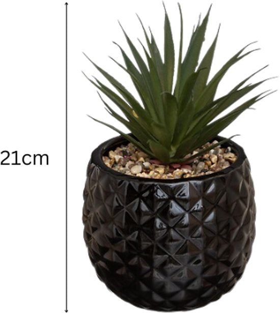 Kunst Ananas Plant in Pot - Set van 2 - Decoratieve Kamerplant - Kunstplant met Keramische Pot - Tafeldecoratie Woonkamer - Onderhoudsvrije Plant - Dolomiet - 13 x 13 x 21 cm - Zwart