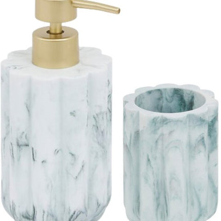 Badkamer Accessoiresset – Moderne Badkamer Accessoires – Zeeppomp 230ml & Tandenborstelhouder Set – Luxe Zeepdispenser & Tandenborstelhouder Set – Polyresin – Wit Marmer