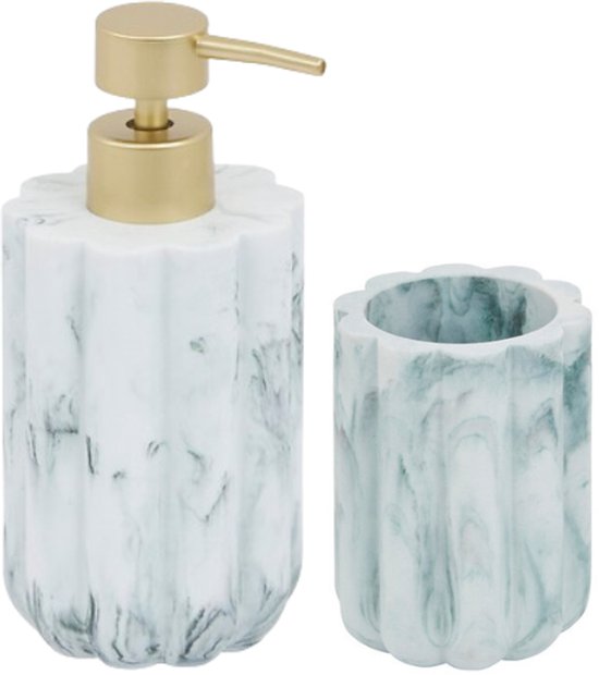 Badkamer Accessoiresset – Moderne Badkamer Accessoires – Zeeppomp 230ml & Tandenborstelhouder Set – Luxe Zeepdispenser & Tandenborstelhouder Set – Polyresin – Wit Marmer