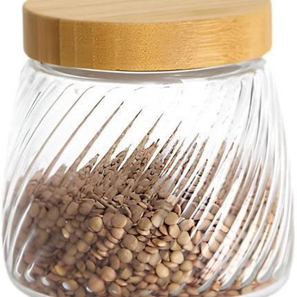 Voorraadpot Food Essentials Ventura - keuken - ribbel glas / bamboe - 0.9 liter - luchtdichte draaideksel - bewaarpotten - opslagpotten