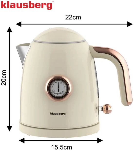 Klausberg retro waterkoker met thermometer – 1 liter, 1200 W, RVS, crème – foto 4