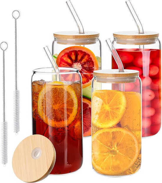 4 stuks drinkglazen met deksel en rietjes, Bubble Tea beker, ijskoffie, glazen, 500 ml, Bear Can cocktailglazen, ijskoffiebeker voor milkshakes, sappen, smoothies (halfverzegeld)