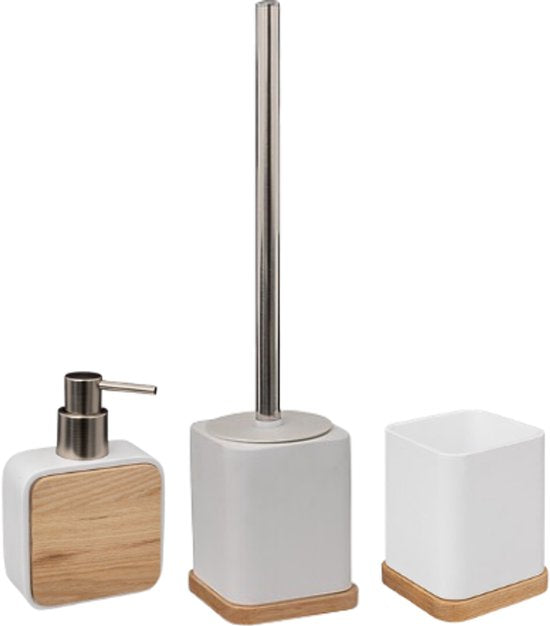 Natureo Badkameraccessoiresset - Luxe Badkamer Set - Badkamer Accessoires Set - Toiletborstel - Tandenborstelhouder - Zeepdispenser 300 ml - Polyresin/ASH - Wit