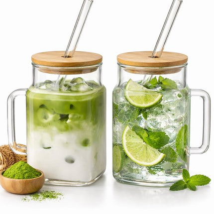 Set van 2 Glazen Drinkbekers met Deksel en Glazen Rietje – 450 ml – Perfect voor Matcha & Cocktails