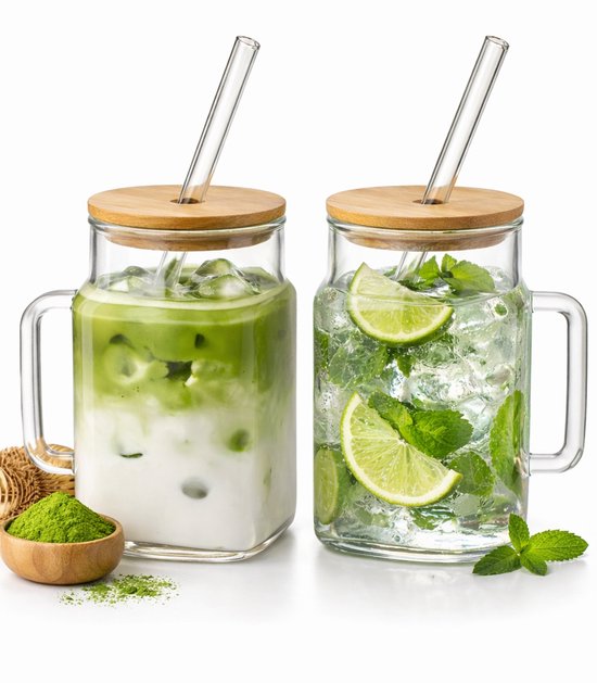 Glazen beker met deksel en rietje – matcha beker met handvat, set van 2
