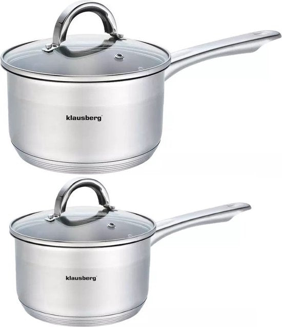 2 x steelpan / sauspan - steelpan met glazen deksel - Ø14 en Ø18 cm - RVS - 1 liter en 2,1 liter