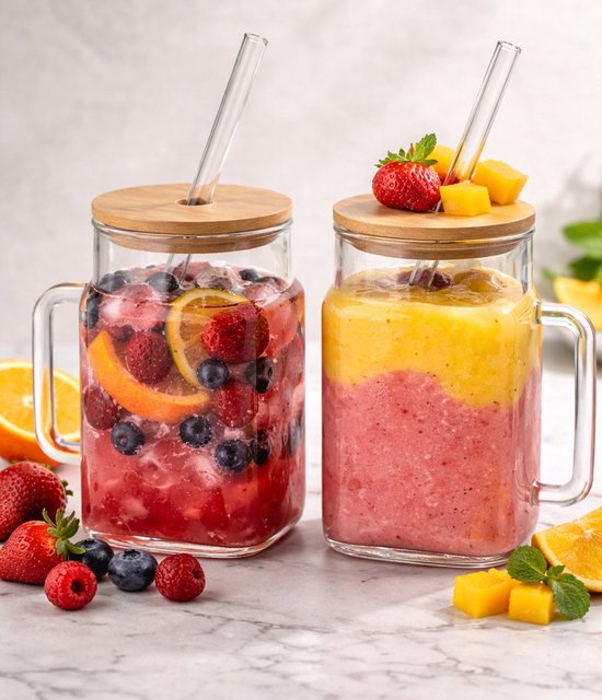 Drinkbekersset - Set van 2 - Iced Coffee Glazen - Matcha Bekers met Handvat - Cocktailglazen met Deksel en Glazen Rietje - Bamboe Deksel - Herbruikbare Drinkglazen - 550 ml - Transparant