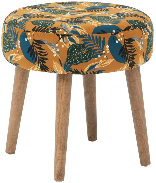 Atmosphera Bijzet krukje Jungle Boogie - okergeel - hout/stof - D38 x H40 cm - Meubels - Zitten