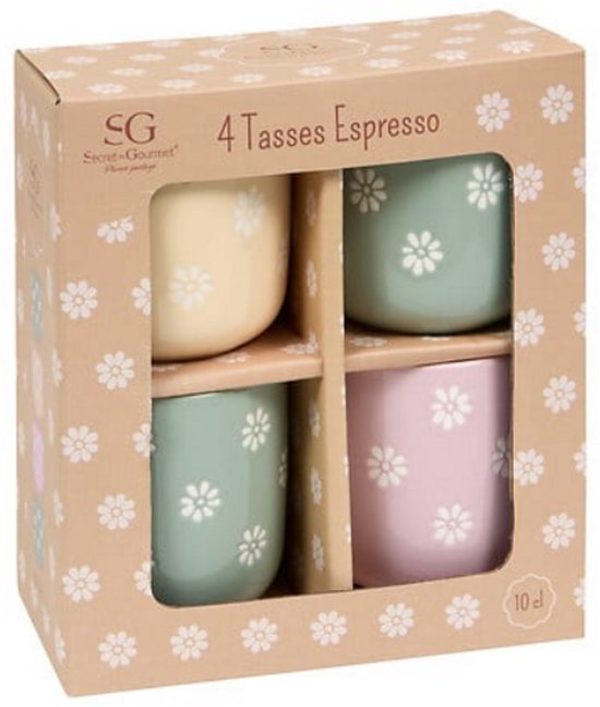 Margot Espressokopjes Set van 4 - Zachte Bloemetjes Print - 10 cl - Incl. 2x Groen, 1x Roze, 1x Geel