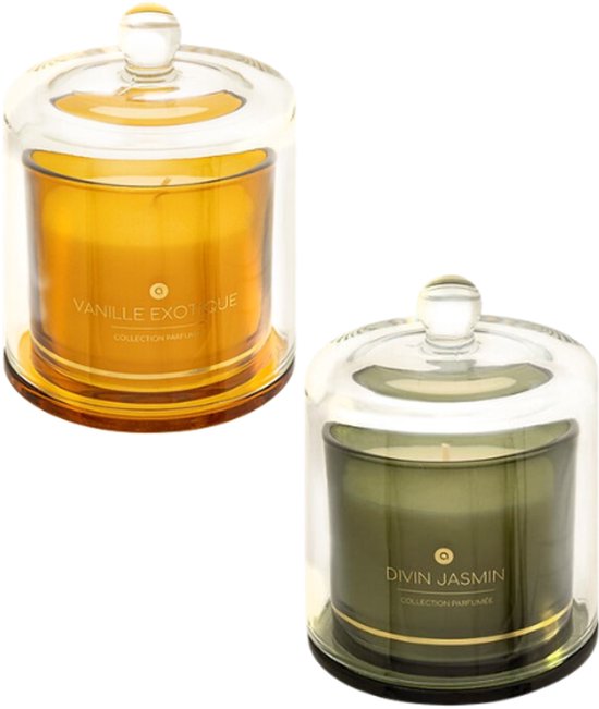 ILAE Geurkaars - Geurkaars in Glazen met Deksel - Set van 2 - Vanilla & Jasmine - Scented Candles - Luxe Woondecoratie - 240g - Ø10.8 x 13.8 cm - Amber & Green Glas