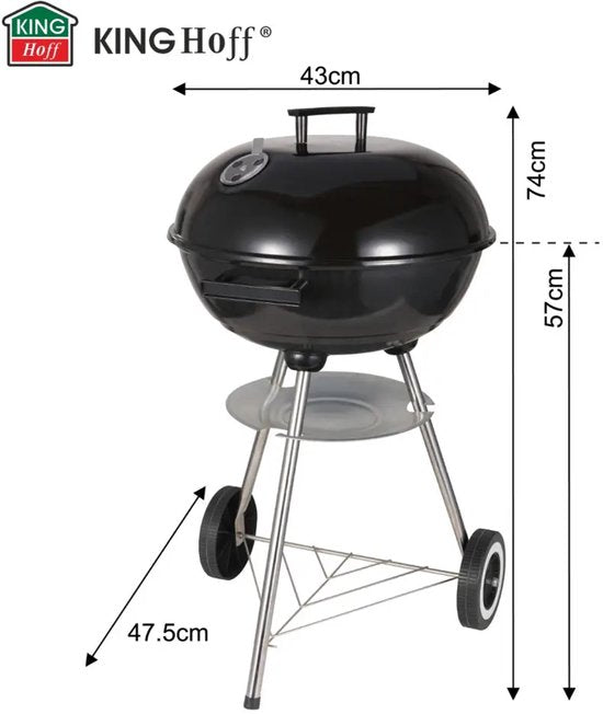Barbecue boule Kinghoff avec couvercle et roulettes – Ø43 cm – Noir