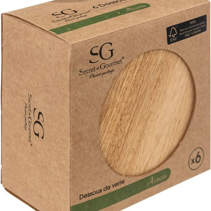 Secret de Gourmet onderzetters - 6x - Acaciahout - D10 cm - rond - gelakt - modern en klassiek
