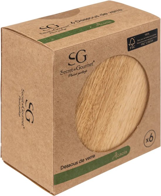 Secret de Gourmet houten onderzetters – set van 6, acaciahout, Ø 10 cm – foto 3
