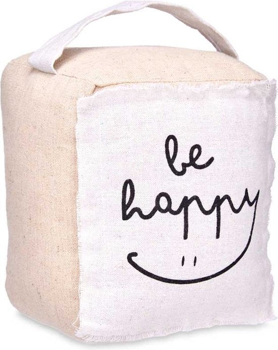 Butoir de porte Giftdecor - 1 kilo - beige - toile - Be happy - 14,5 x 16 x 19 cm