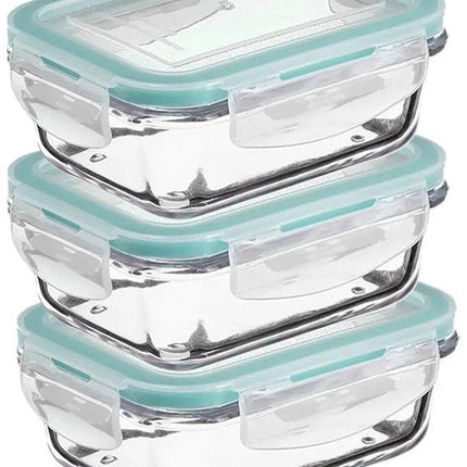 5Five Vershoudbakje met deksel - 3x - glas - luchtdicht - met clips - 18 x 12 x 6 cm - 800 ml