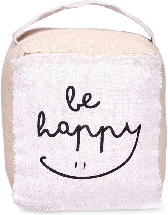 Butoir de porte Giftdecor - 1 kilo - beige - toile - Be happy - 14,5 x 16 x 19 cm